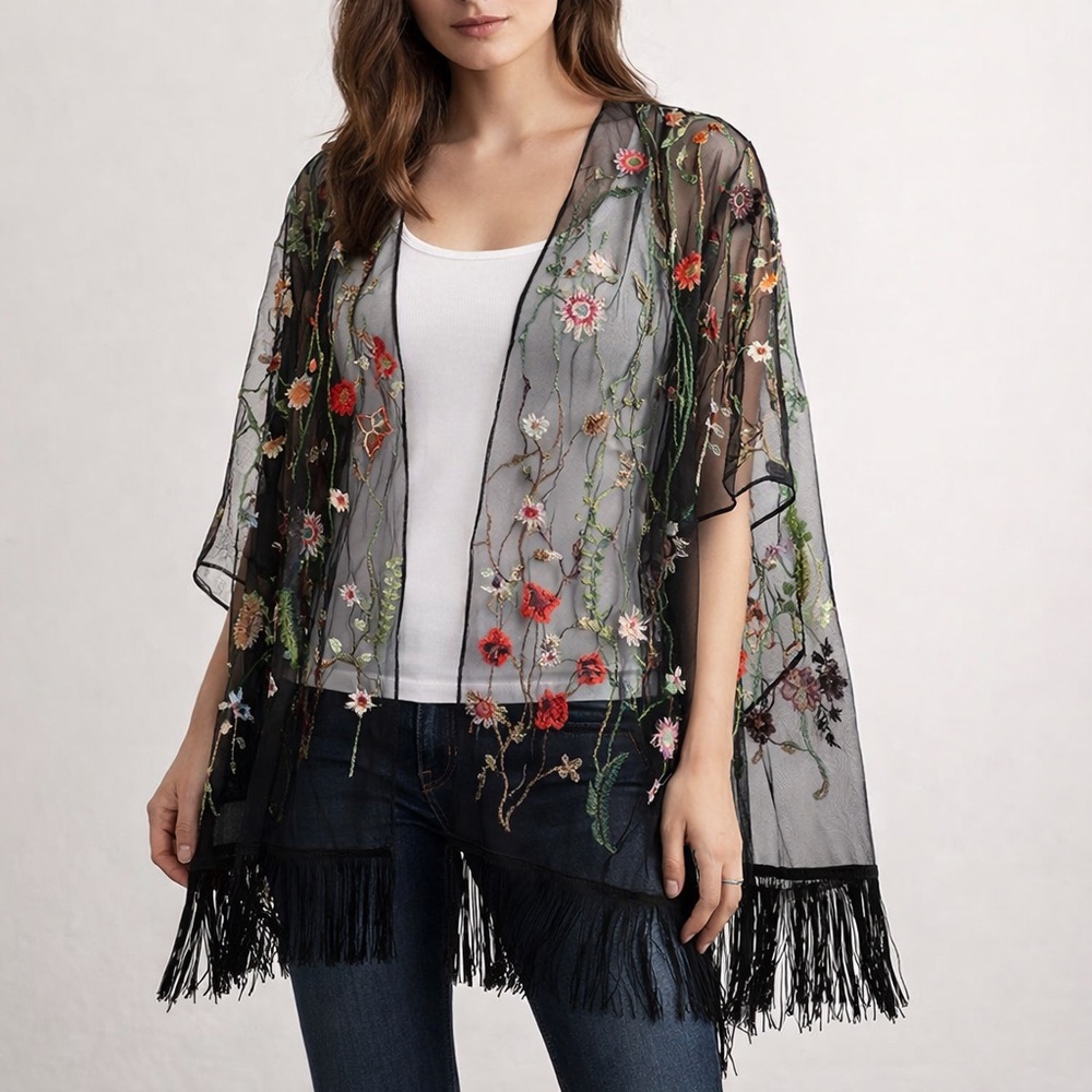Sheer Black Floral Embroidered Fringe Kimono Shawl Boho Festival OS Layering